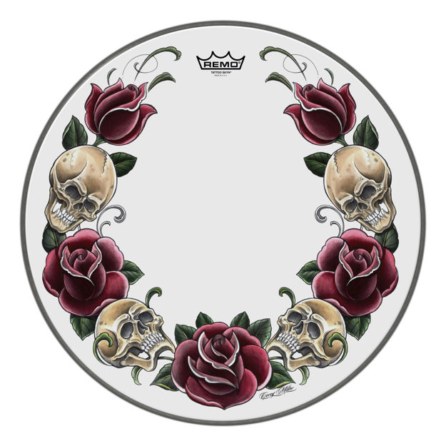 Remo 20" Powerstroke Tattoo Rock & Roses On White' Graphic, Packaged