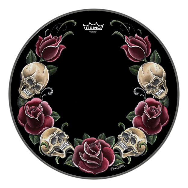 Remo 20" Powerstroke Tattoo Rock & Roses On Black' Graphic, Packaged