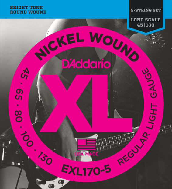 D'Addario EXL170-5 5-String Nickel Wound Bass Guitar Strings, Light, 45-130, Long Scale