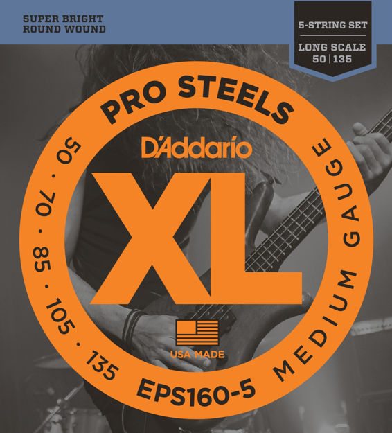 D'Addario EPS160-5 5-String ProSteels Bass Guitar Strings, Medium, 50-135, Long Scale