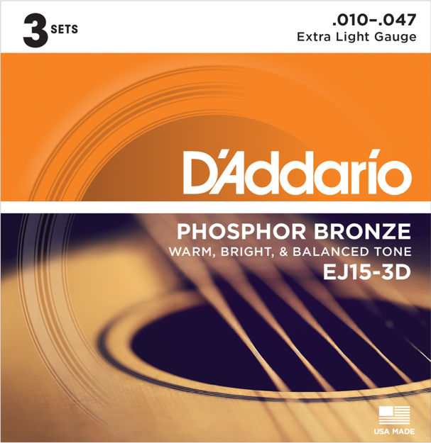 D'Addario EJ15-3D Phosphor Bronze Acoustic Guitar Strings, Extra Light, 3 Sets