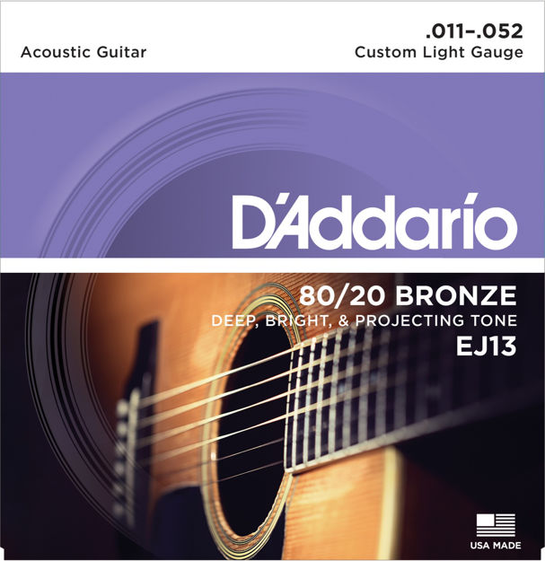 D'Addario EJ13 80/20 Bronze Acoustic Guitar Strings, Custom Light, 11-52