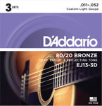 D'Addario EJ13-3D 80/20 Bronze Acoustic Guitar Strings, Custom Light, 11-52, 3 Sets