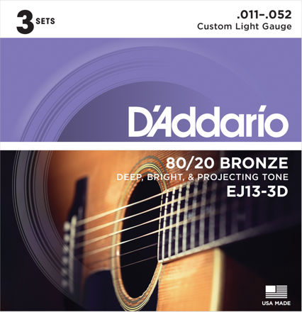 D'Addario EJ13-3D 80/20 Bronze Acoustic Guitar Strings, Custom Light, 11-52, 3 Sets