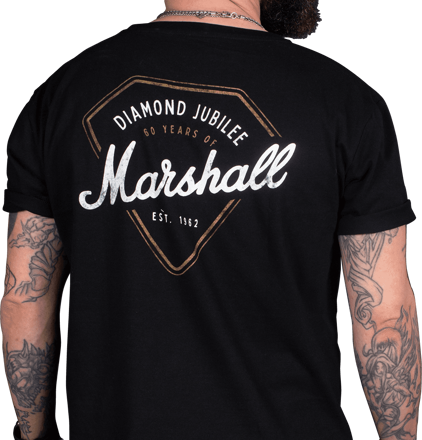 Unisex t-skjorte med relic Marshall 60 års jubileumslogo motiv. Størrelse M