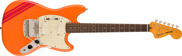Squier FSR Classic Vibe '60s Competition Mustang®, Laurel Fingerboard, Parchment Pickguard, Capri Orange with Dakota Red Stripes