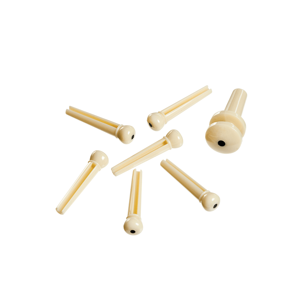 D'Addario Injected Molded Bridge Pins with End Pin, Set of 7, Ivory with Ebony Dot