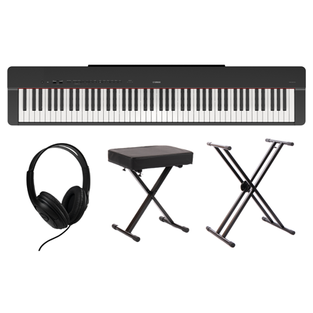 Pakke: Yamaha P-225B, keyboardstativ, krakk og hodetelefoner