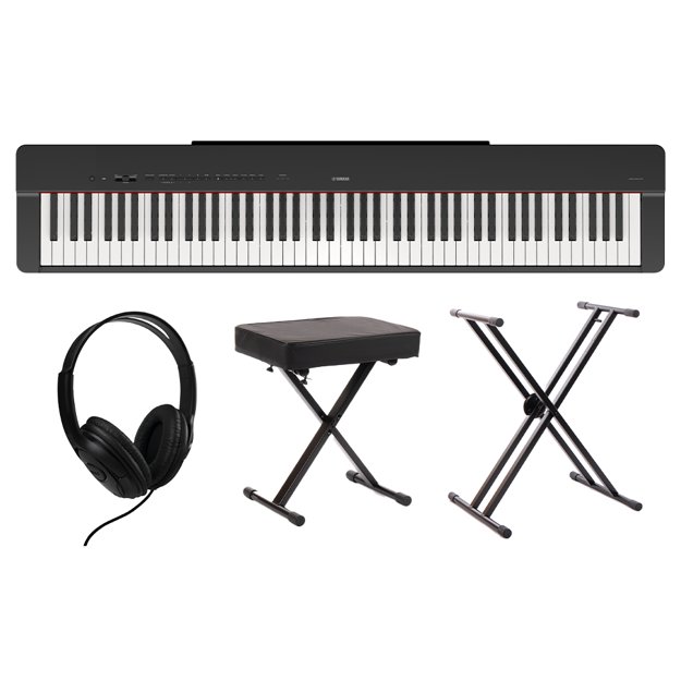 Pakke: Yamaha P-225B, keyboardstativ, krakk og hodetelefoner