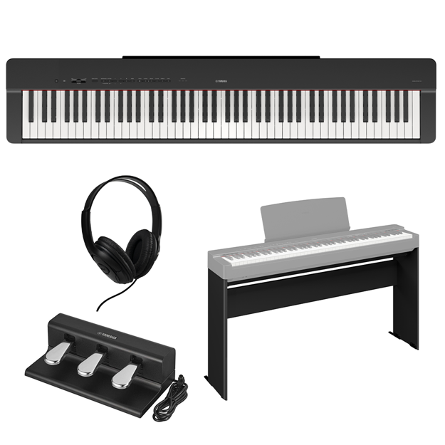 Pakke: Yamaha P-225B, møbelstativ, pedalsett og hodetelefoner