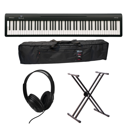 Pakke: Roland FP-10, keyboardstativ, soft case og hodetelefoner