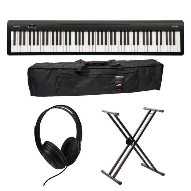 Pakke: Roland FP-10, keyboardstativ, soft case og hodetelefoner