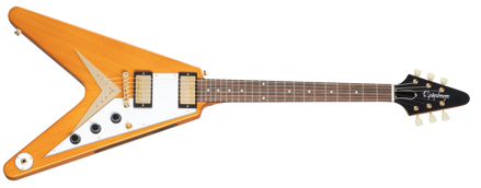 Epiphone 1958 Korina Flying V white pickguard aged natural, inkludert koffert