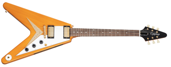 Epiphone 1958 Korina Flying V white pickguard aged natural, inkludert koffert